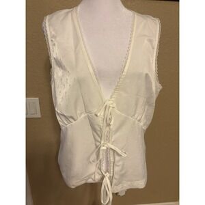 1. State Lace Trim Tie Front Satin Vest Top, Off White, Large